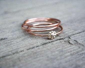 Rose Gold Stacking Rings Dainty Daisy Flower Stacking Ring Set Sterling Mixed Metals Tiny Flower Thin Skinny 14k Pink Gold Stack Ring