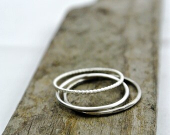 Silver Stacking Rings Skinny Sterling Silver Rings Set of 3 Twist Ring Hammered Ring Plain Ring Skinny Thin Stacking Rings Gift For Her 925