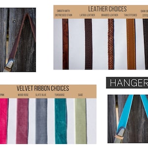 Op de afbeelding: Afbeelding met verschillende lederen en fluwelen lintopties. Lederen opties zijn glad, gevlochten en gestikt. Fluwelen lintopties zijn roze, rozenhout, leisteenblauw, turquoise en salie. Het woord "HANGERS" is ook zichtbaar.
