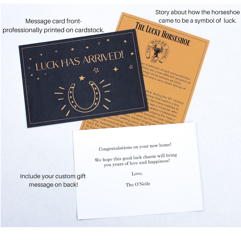 Card and inserts that accompany The Lucky Horseshoe with the story of the origin of the lucky horseshoe.