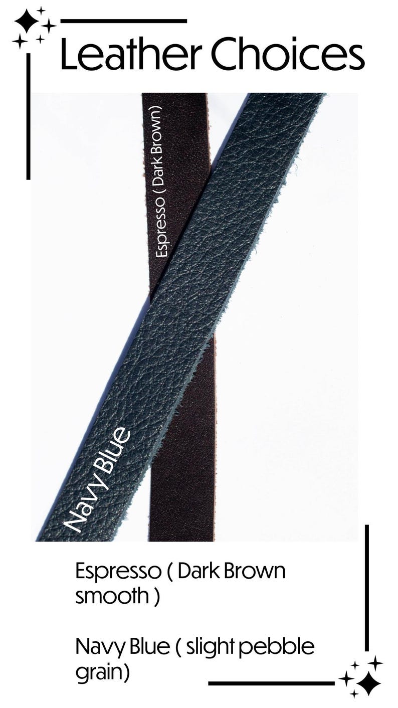 May include: Image showcasing leather color options. The text "Leather Choices" is at the top. Two leather swatches are displayed: one in a dark brown, smooth finish, and the other in navy blue with a slight pebble grain. The text "Navy Blue" is on the navy swatch.