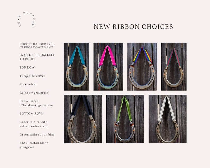 Graphic that shows variations and selections for hanging horseshoe decor.