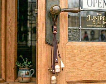 Hanging Shopkeeper Bells on Genuine Leather Straps  Door Chimes with sweet gentle welcoming tones