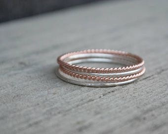 Mixed Metals Stacking Rings Set Rose Gold Argentium Sterling Silver Dainty Stacking Ring Set Rose Gold Twist Rings Thin  Super Skinny Stack