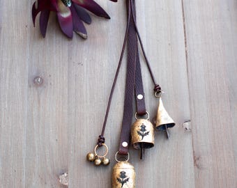 Scottish Thistle Engraved Hanging Bells  Rustic Leather Door Bells  Entryway Celtic Inspired Wedding Home Decor Housewarming gift