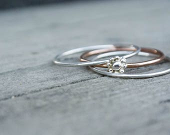 Daisy Flower Ring Stack Sterling Silver BOHO Skinny Stacking Rings Sterling Silver Stacking Ring Set Rose Gold Mixed Metal Set Gift for Her