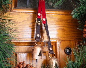 Engraved Wreath Bells Leather & Velvet Hanging Christmas Holiday Bells