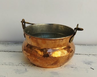Vasija de cobre con asa, Caldero de cobre, vasija de cobre forjado, decoración rústica, olla de cobre retro.