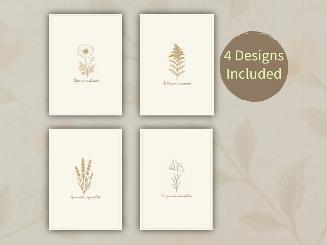 Printable Botanical Gold Flower Cards 5 X7 – Set of 4 Blank Cards With ...
