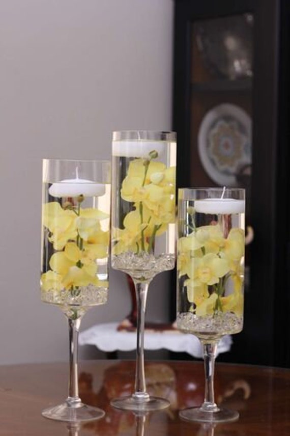 Floral Floating Candle Stem Cylinder Vase Set Of Etsy