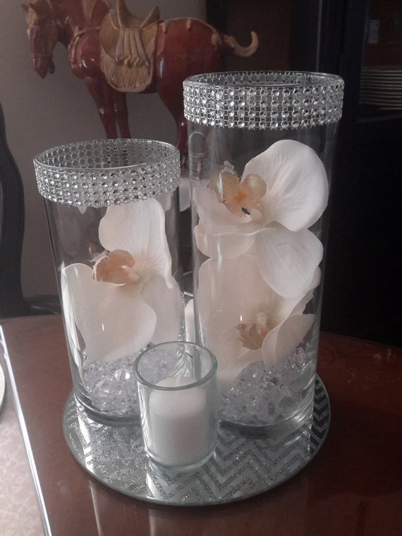 Floral Cylinder Vase Set W Orchids And Silver Gold Bling Etsy