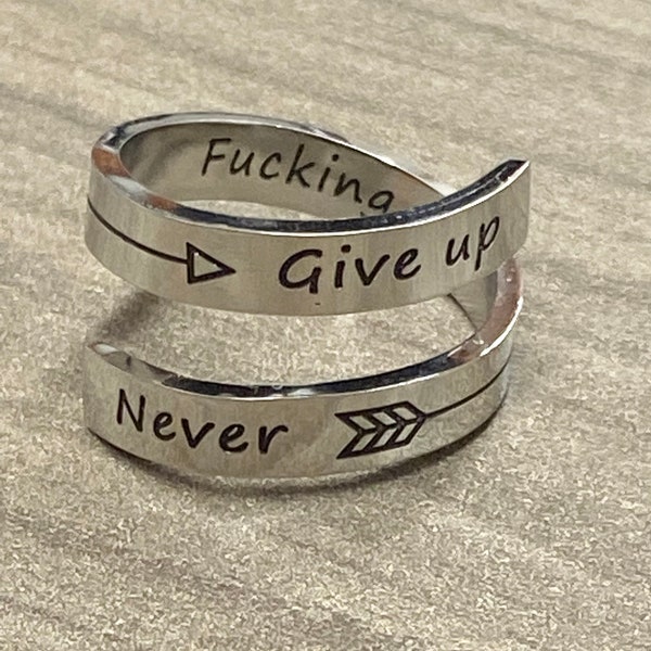 Never Give Up Ring Keep Going Ring Stainless Steel Ring Bands Wrap Twisted Ring Inspirational Motivational Jewelry Gift never Give Up Ring