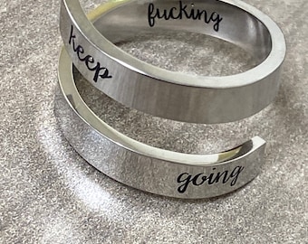 Vrycot Adjustable Inspirational Keep Going Ring Stainless Steel Adjustable Never Giver up Bands Cool Stacking Opening Gift for Women Statement