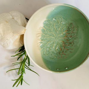 Handcrafted Ceramic Garlic Grater & Herb Stripper Bowl | Porcelain with Mint and White Glaze | Wheel Thrown | Kitchen Tool