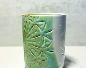 Ceramic Utensil Holder | Wheel-Thrown Pottery | Porcelain with White and Mint Green Glaze | Hand Carved Mandala Pattern