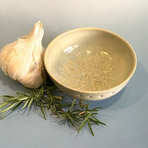 Handcrafted Ceramic Garlic Grater & Herb Stripper Bowl | Speckled Light Teal Glaze | Wheel Thrown | Kitchen Tool