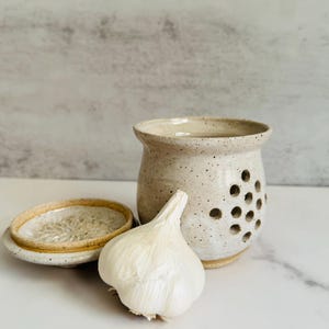 Handmade Ceramic Garlic Keeper | Built-in Garlic Grater Lid | Wheel Thrown Pottery | White Glaze on Rustic Speckled Clay