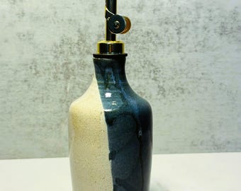 Ceramic Olive Oil Bottle: Rustic White and Blue Gray Oil Cruet with Gold Pourer