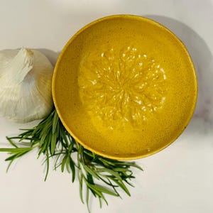 Handcrafted Ceramic Garlic Grater & Herb Stripper Bowl | Rustic Speckled Yellow Glaze | Wheel Thrown | Kitchen Tool