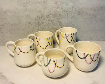 Handmade Mardi Gras Bead Mug | Porcelain Coffee Cup with Hand-Painted Purple, Green & Gold Rim | New Orleans Pottery