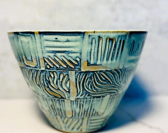 Intricately Carved Decorative Bowl |  Handmade Wheel-Thrown Ceramic | White Clay Body and Teal Glaze | Sgraffito | Large Bowl