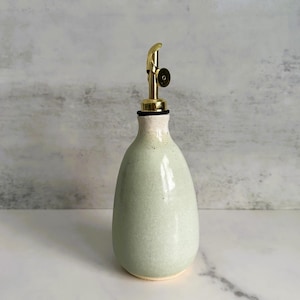 Olive Oil Bottle | Handmade Wheel-Thrown Pottery | Ceramic Oil Cruet | Speckled Clay with Light Teal and White Glaze | Modern Kitchen Decor