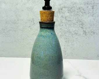 Soap Dispenser | Handmade Wheel-Thrown Bottle with Pump | Trailing Blue Glaze on Rustic Brown Clay | Unique Artisan Kitchen Decor