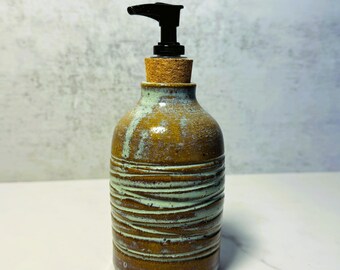 Soap Dispenser | Handmade Wheel-Thrown Bottle with Pump | Rustic Red Clay with Lagoon Glaze | Unique Artisan Kitchen Decor