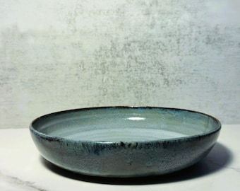 Brown Clay Shallow Serving Dish with Moody Blue Glaze | Handmade Wheel-Thrown | Unique Artisan Ceramic Bowl | Dinner Set
