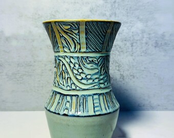 Intricately Carved Vase |  Handmade Wheel-Thrown Ceramic | White Clay Body and Teal Glaze | Sgraffito