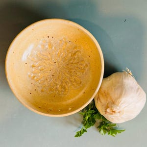 Handcrafted Ceramic Garlic Grater & Herb Stripper Bowl | Speckled Cream and White Glaze | Wheel Thrown | Kitchen Tool