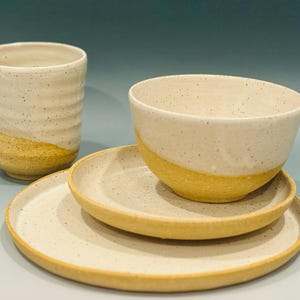 Hand-thrown Ceramic Dinnerware | Plates, Salad Plates, Bowls, and Cups | Rustic Speckled Clay with White Glaze | Chic Farmhouse