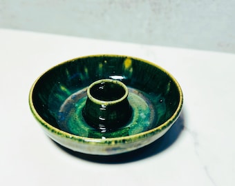 Snack Bowl with Toothpick Holder | Handmade, wheel thrown ceramic | White clay with a deep glassy green glaze