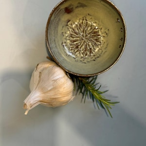 Handcrafted Ceramic Garlic Grater & Herb Stripper Bowl | Rustic Red Clay with Teal Glaze | Wheel Thrown | Kitchen Tool