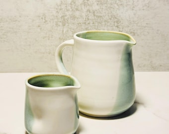 Coffee Pour Over Set - Two-Piece Carafe & Filter Cup - Wheel Thrown Porcelain with Two-toned White and Green Glaze