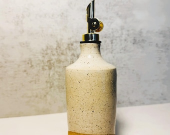 Ceramic Olive Oil Bottle: Speckled White Pottery Cruet with Gold Pourer