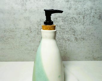 Soap Dispenser | Handmade Wheel-Thrown Bottle with Pump | Porcelain with Mint Glaze | Unique Artisan Kitchen Decor