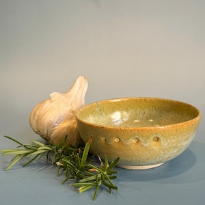 Handcrafted Ceramic Garlic Grater & Herb Stripper Bowl | Speckled Yellow and Teal Glaze | Wheel Thrown | Kitchen Tool