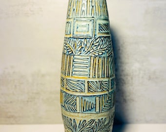 Intricately Carved Large Vase |  Handmade Wheel-Thrown Ceramic | White Clay Body and Teal Glaze | Sgraffito