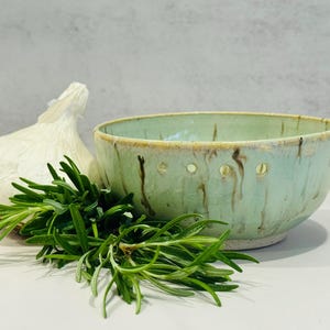 Handcrafted Ceramic Garlic Grater & Herb Stripper Bowl | Trailing Mint and Cream Glaze | Wheel Thrown | Kitchen Tool