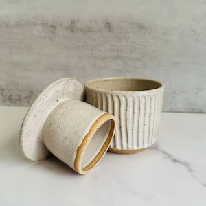 Ceramic Butter Crock - Handmade Wheel-Thrown | Speckled Clay with White Glaze | Artisan Pottery | French Butter Keeper