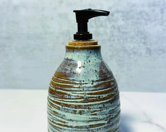 Soap Dispenser | Handmade Wheel-Thrown Bottle with Pump | Rustic Red Clay with Lagoon Glaze | Unique Artisan Kitchen Decor