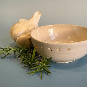 Handcrafted Ceramic Garlic Grater & Herb Stripper Bowl | Speckled White Glaze | Wheel Thrown | Kitchen Tool