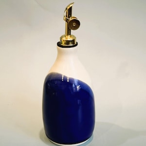 Olive Oil Bottle | Handmade Wheel-Thrown Pottery | Ceramic Oil Cruet | Porcelain with White & Cobalt Blue Glaze | Modern Kitchen Decor