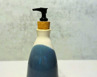 Soap Dispenser | Handmade Wheel-Thrown Bottle with Pump | Gray Blue and White Glaze on White Clay | Unique Artisan Kitchen Decor