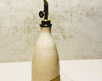 Ceramic Olive Oil Bottle: Speckled White Pottery Cruet with Gold Pourer