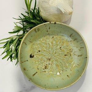 Handcrafted Ceramic Garlic Grater & Herb Stripper Bowl | Trailing Mint and Cream Glaze | Wheel Thrown | Kitchen Tool