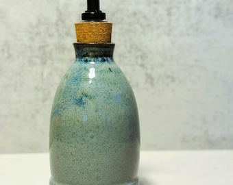 Soap Dispenser | Handmade Wheel-Thrown Bottle with Pump | Trailing Blue Glaze on Rustic Brown Clay | Unique Artisan Kitchen Decor