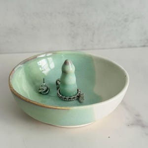 Ceramic Ring Dish | Handmade Wheel-Thrown Porcelain with White and Mint Glaze | Perfect Gift for Jewelry Lovers | Trinket Tray