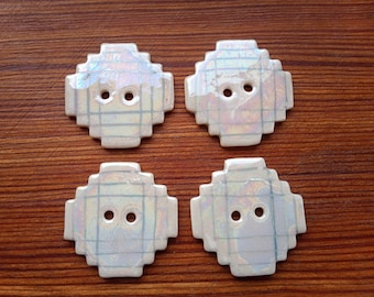 4 large stepped Deco 31mm glazed and listened white porcelain buttons, for knitters, macrame or crafting